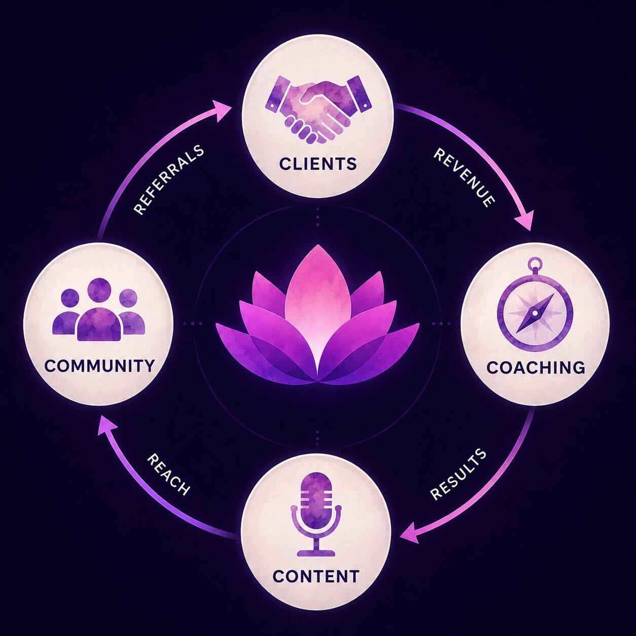 A cycle connecting clients, coaching, content, and community through revenue, results, reach, and referrals.